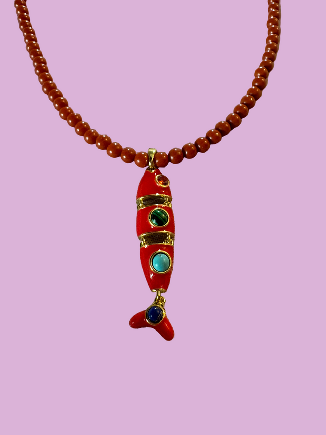 Collana POISSONS - Corallo rosso mm 4 - chiusura argento 925 -  pesciolino