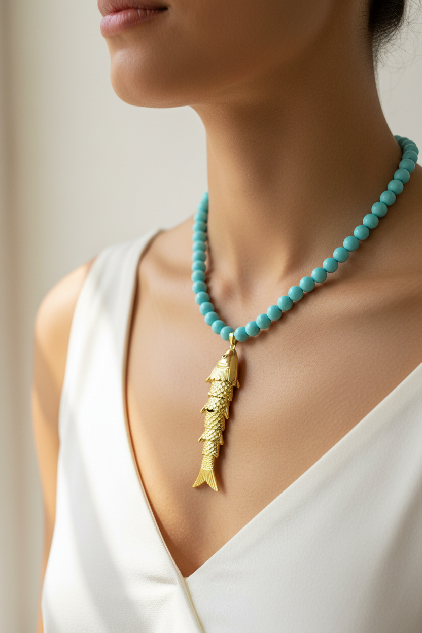 Collana POISSONS - turchese mm 6 - chiusura argento 925 -  pesciolino gold