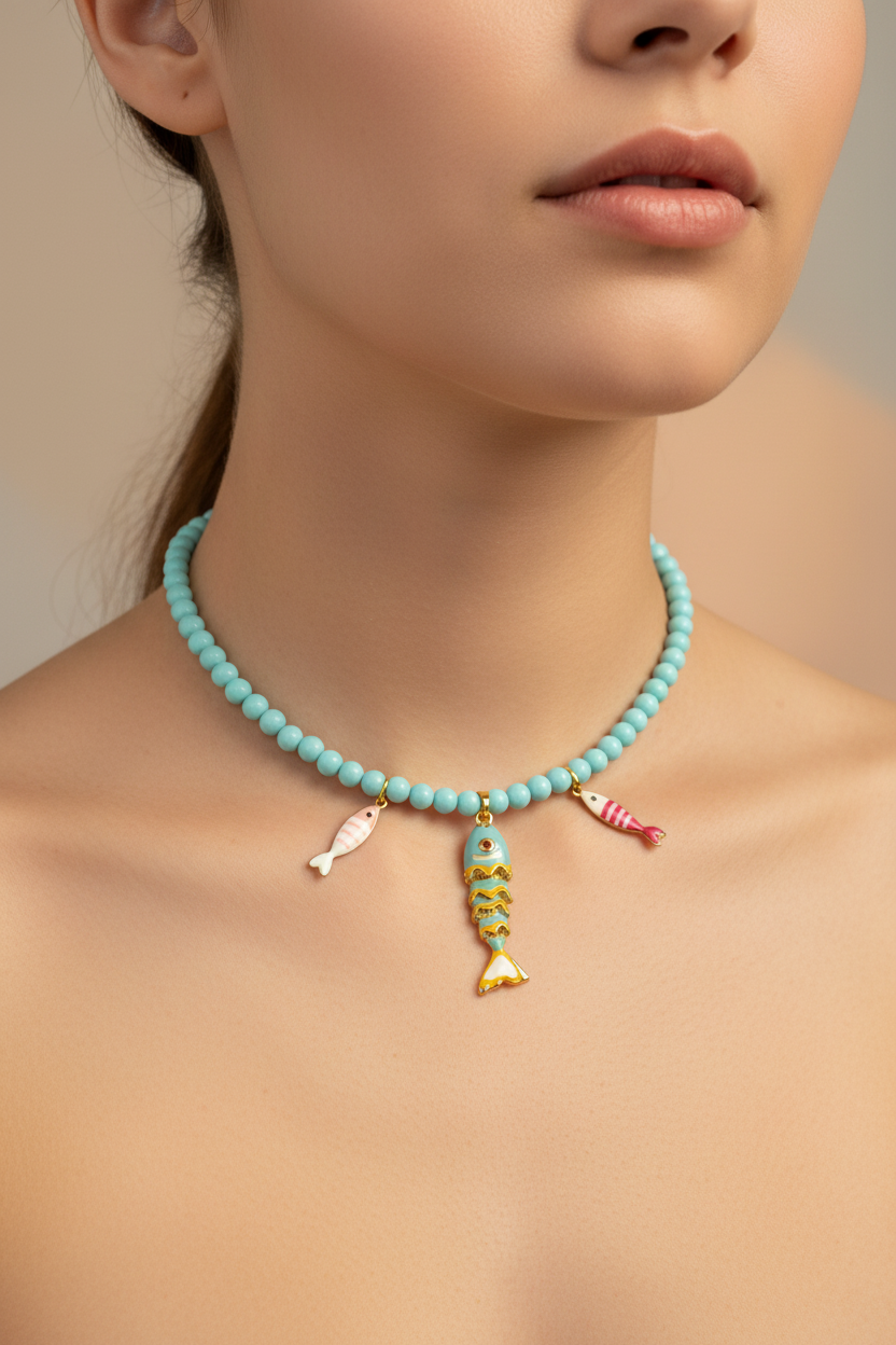 Collana POISSONS - turchese mm 4 - chiusura argento 925 -  pesciolini