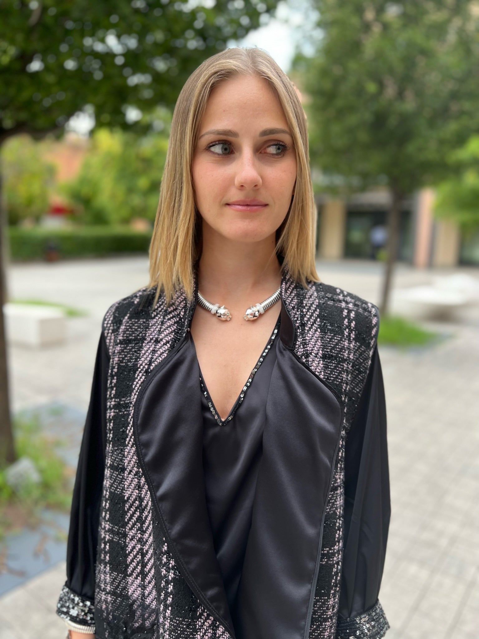 Deauville Gilet tartan nero e lilla
