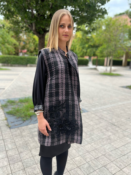 Deauville Gilet tartan nero e lilla
