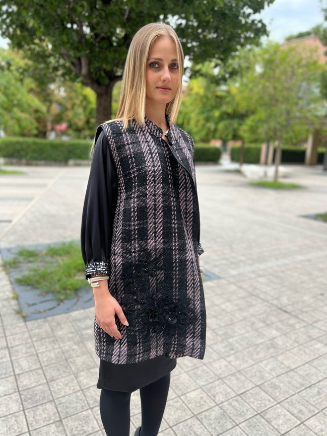Deauville Gilet tartan nero e lilla