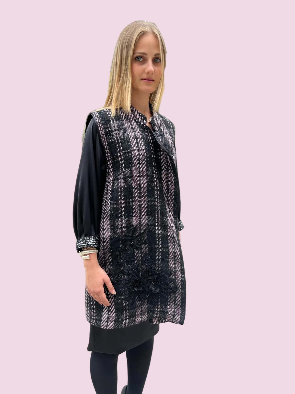 Deauville Gilet tartan nero e lilla