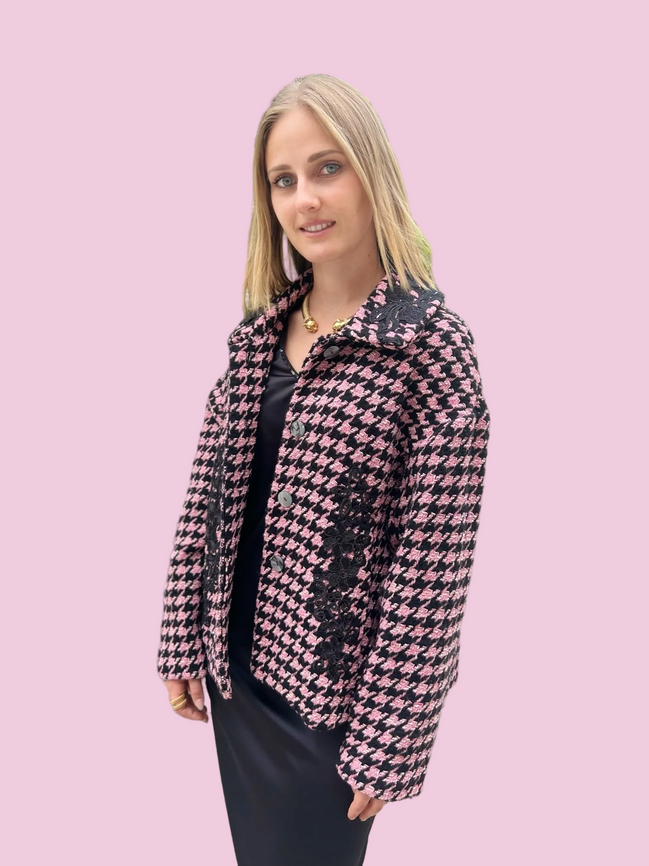 Céline - Jäckchen mit Godets in Rosa-Schwarz-Hahnentritt