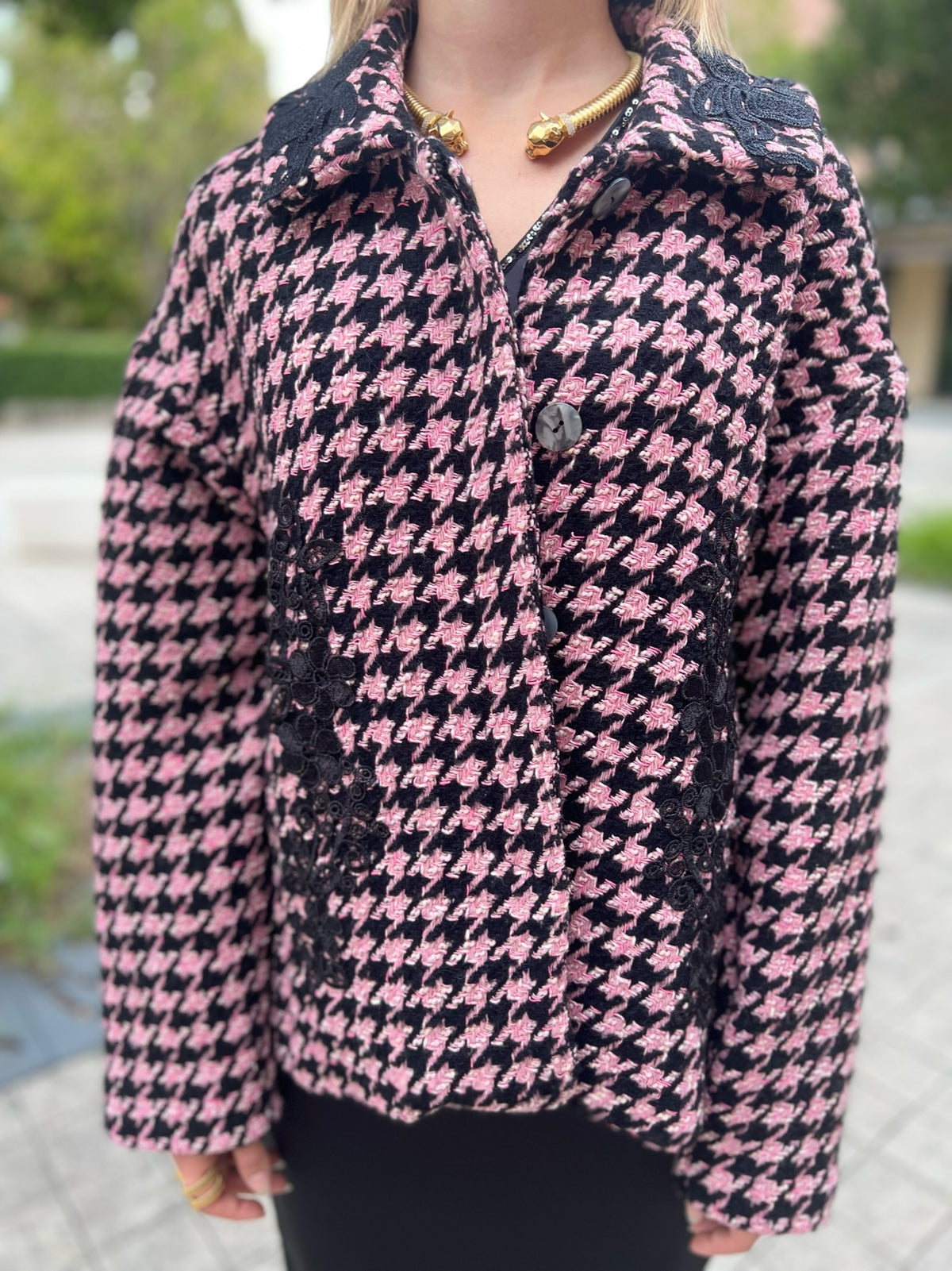 Céline - Jäckchen mit Godets in Rosa-Schwarz-Hahnentritt