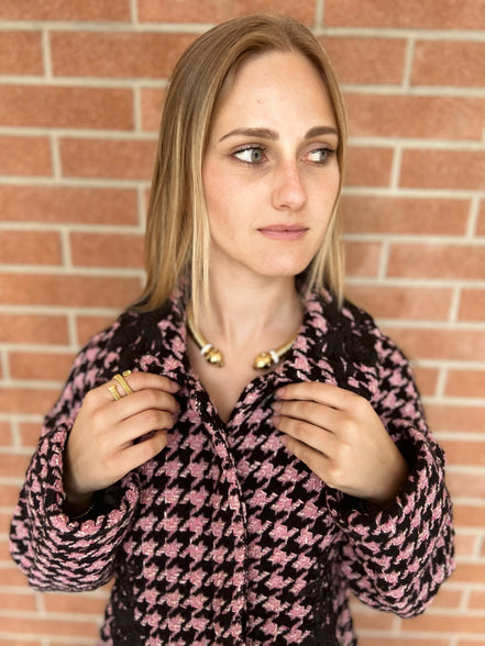 Céline - Jäckchen mit Godets in Rosa-Schwarz-Hahnentritt