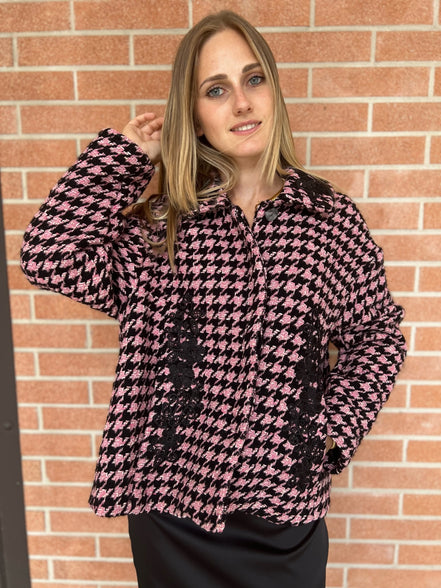 Céline - Jäckchen mit Godets in Rosa-Schwarz-Hahnentritt