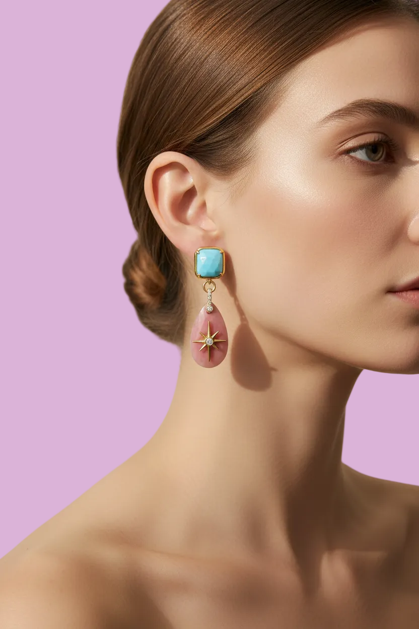 Orecchini  -JAIPUR  goccia agata rosa con turchese