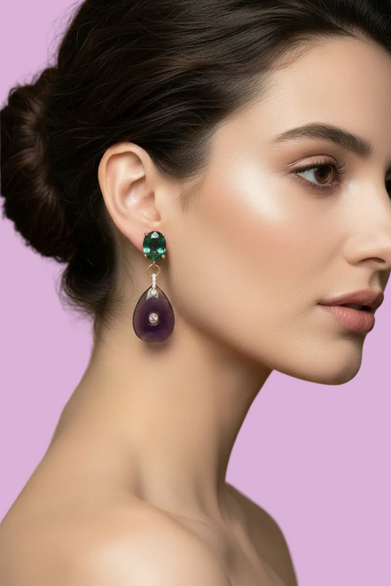Orecchini  -JAIPUR  goccia ametista con cristalli verdi
