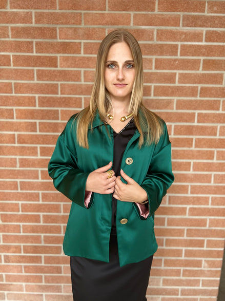 Céline - Giacchino godet in raso verde smeraldo con interno in raso rosa