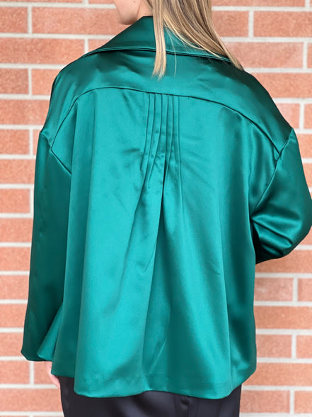 Céline - Giacchino godet in raso verde smeraldo con interno in raso rosa