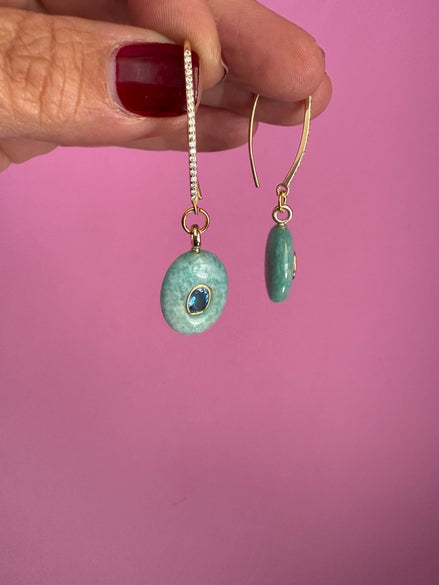 Orecchini  Collezione JAIPUR- amazzonite e topazi blu incastonati ago lungo