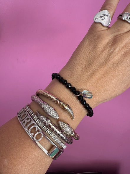 BISETTE - Bracciale sfere onice cm0,6 e charm topazio azzurro