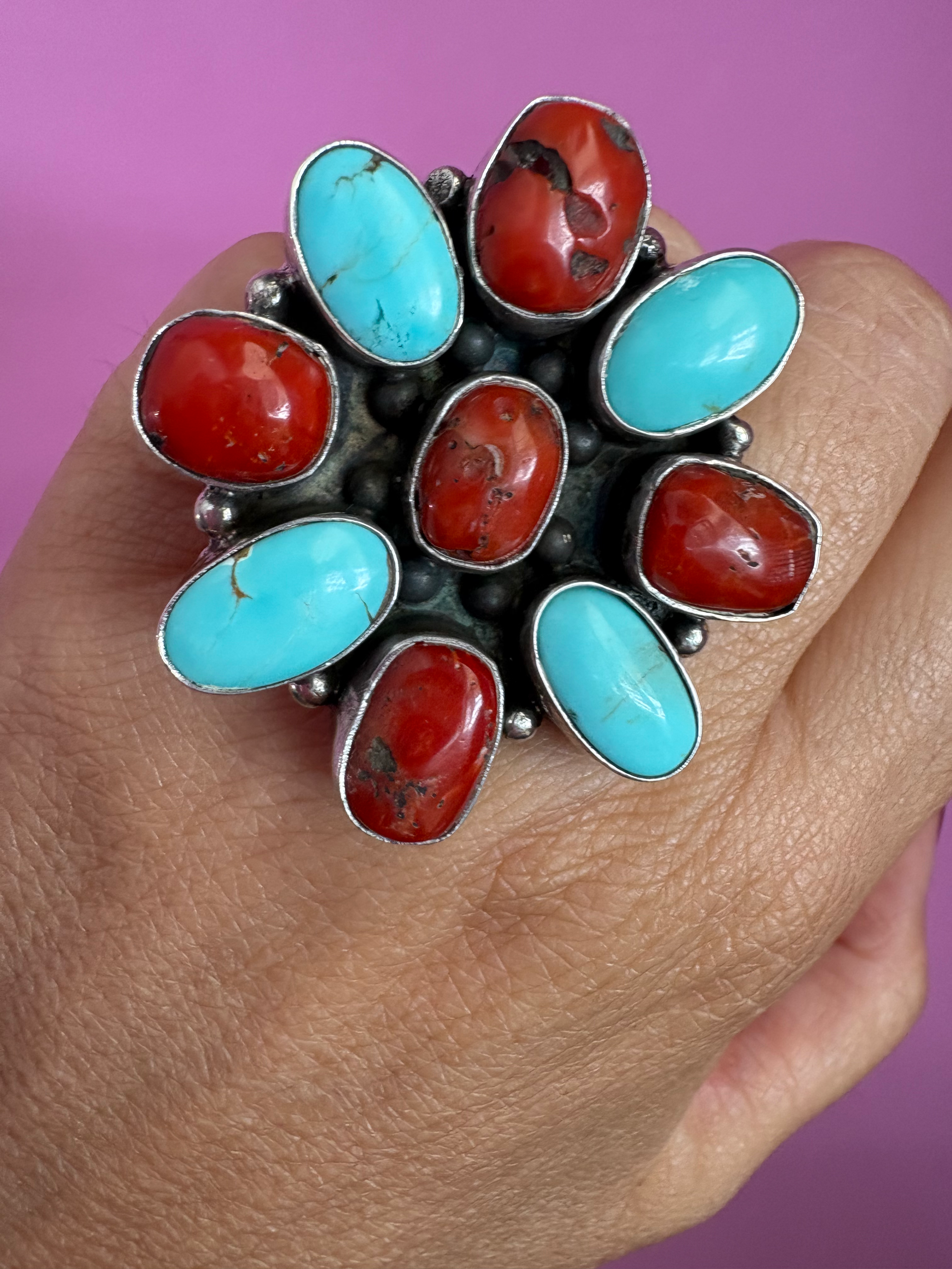 ETNICA - Anello in argento 925 con turchese e corallo