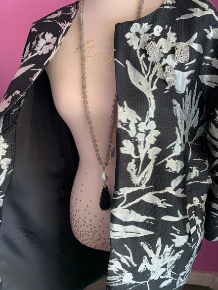 Penelope - Giacca 3/4 in broccato ramage argento e nero