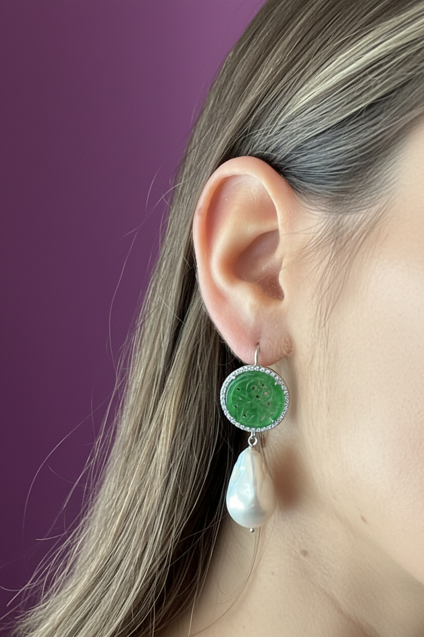 Orecchini  PERLE -perle barocche con giada burma verde