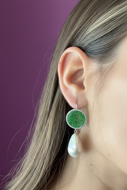 Orecchini  PERLE -perle barocche con giada burma verde