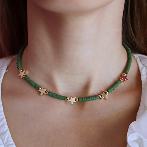 Collier rondelle verde scuro con stelle