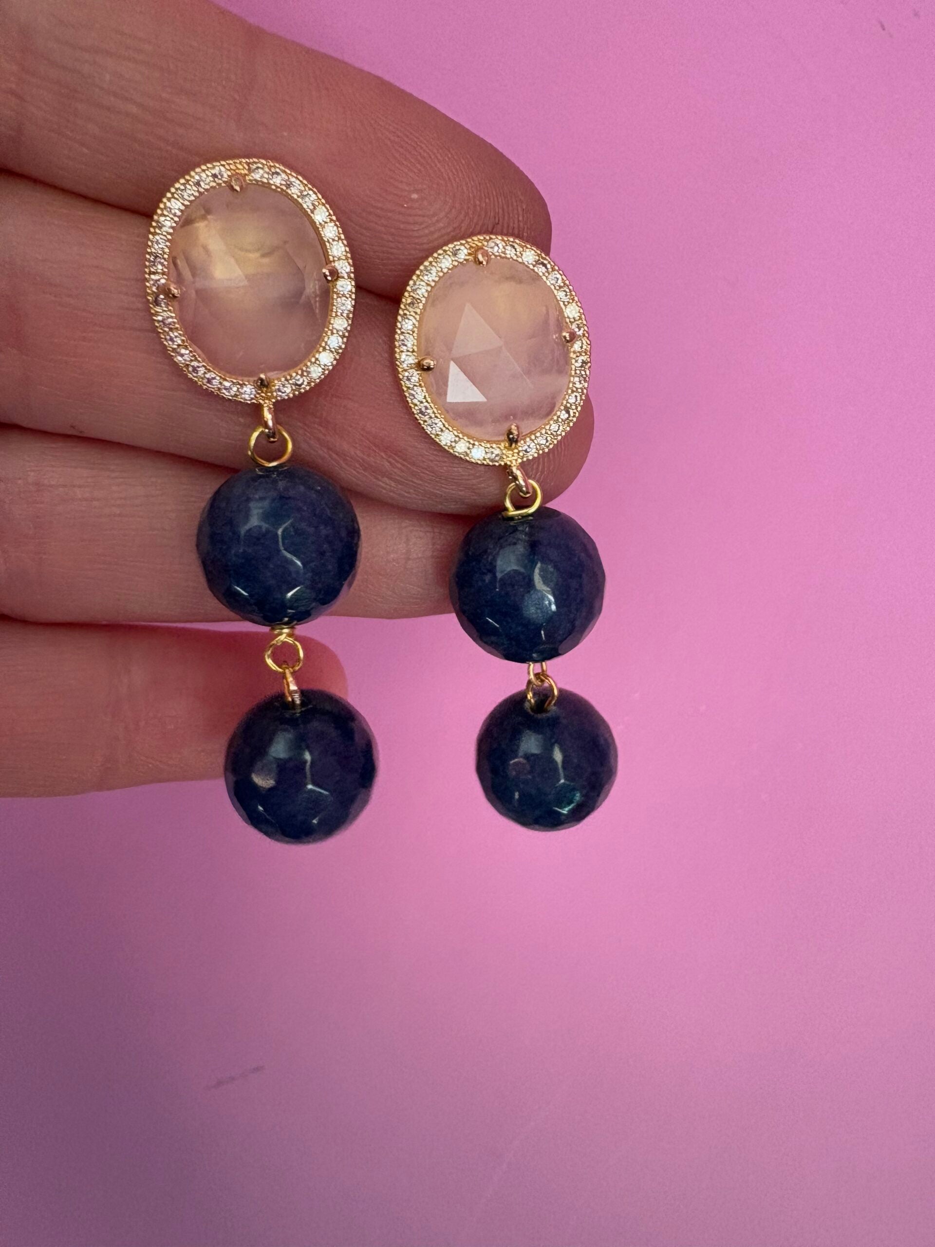 Orecchini  - giada zaffiro con quarzo rosa