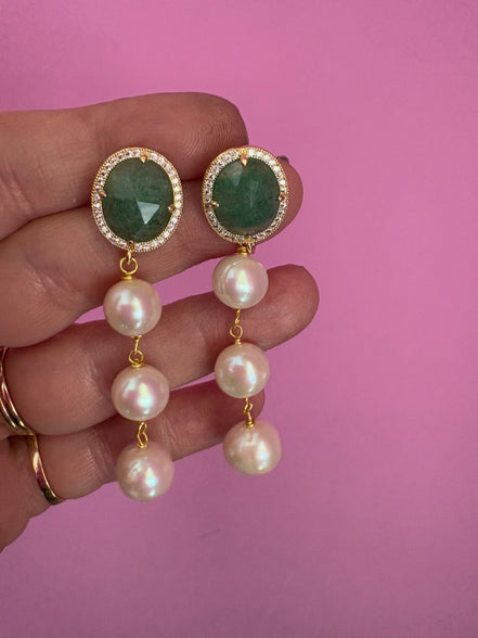 Orecchini  - CLASSY - Avventurina  verde e  grandi perle coltivate  semiround