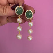 Orecchini  - CLASSY - Avventurina  verde e  grandi perle coltivate  semiround