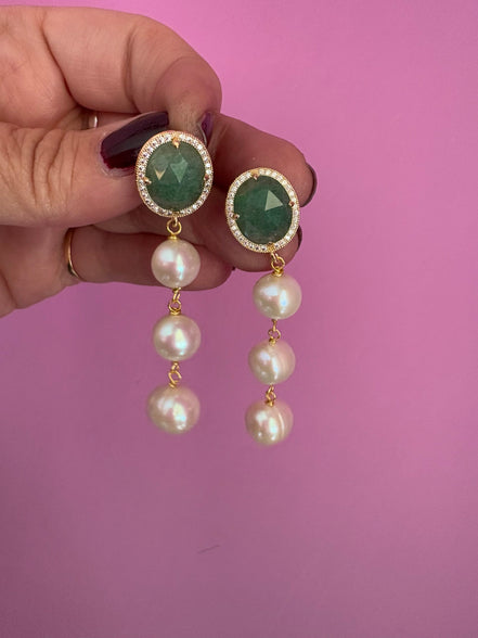 Orecchini  - CLASSY - Avventurina  verde e  grandi perle coltivate  semiround