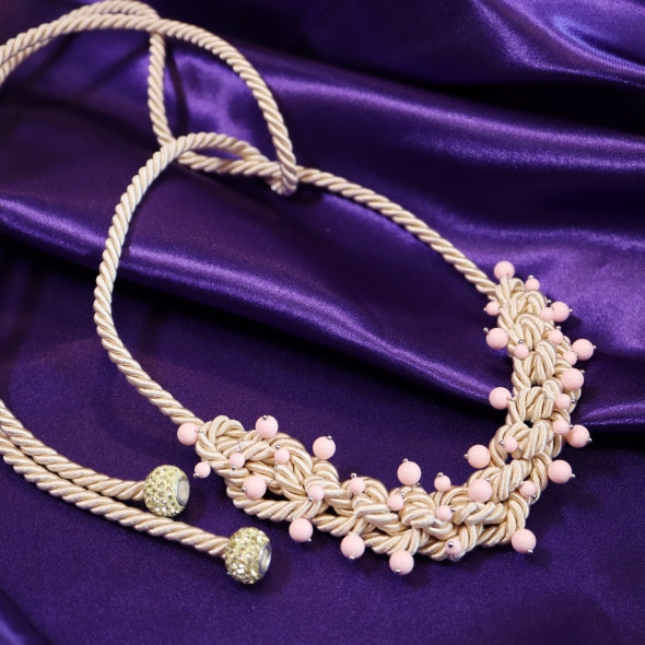 Choker / Collana Couture Collezione Intreccio in Seta Écru, Corallo Rosa e Argento 925