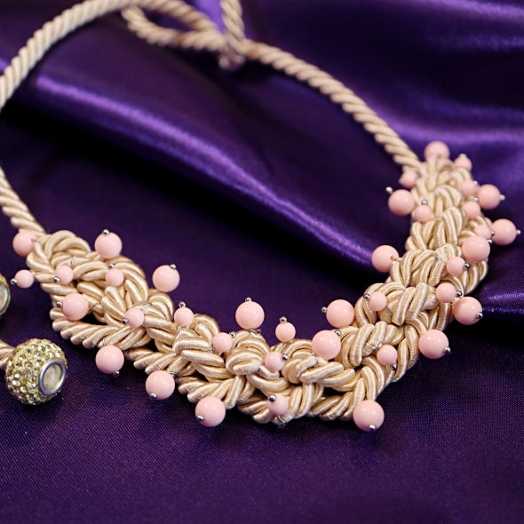 Choker / Collana Couture Collezione Intreccio in Seta Écru, Corallo Rosa e Argento 925