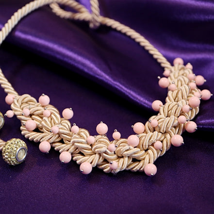 Choker / Collana Couture Collezione Intreccio in Seta Écru, Corallo Rosa e Argento 925