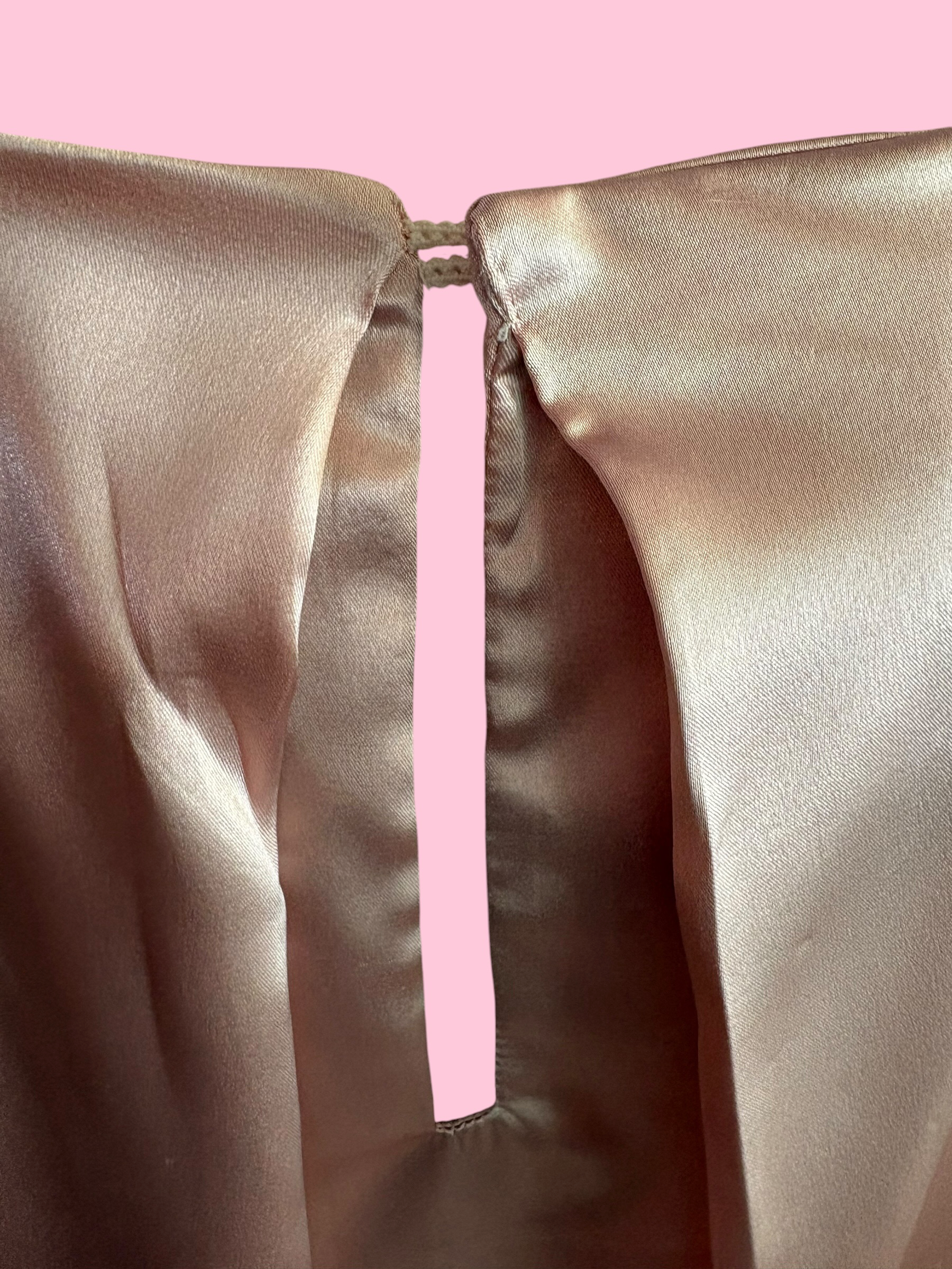 Poetica - Abito a palloncino in raso rosa cerimonia con maniche nastro avorio