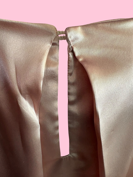 Poetica - Abito a palloncino in raso rosa cerimonia con maniche nastro avorio