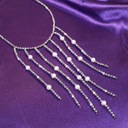 Collana CASCATA Pioggia di luce in ematite argento con perle