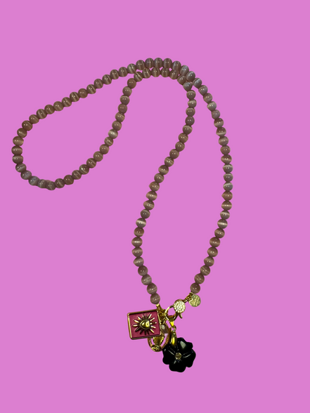 Collana TALISMANI - occhi di gatto mauve   mm 6 - chiusura gioiello - cm 60 - charms