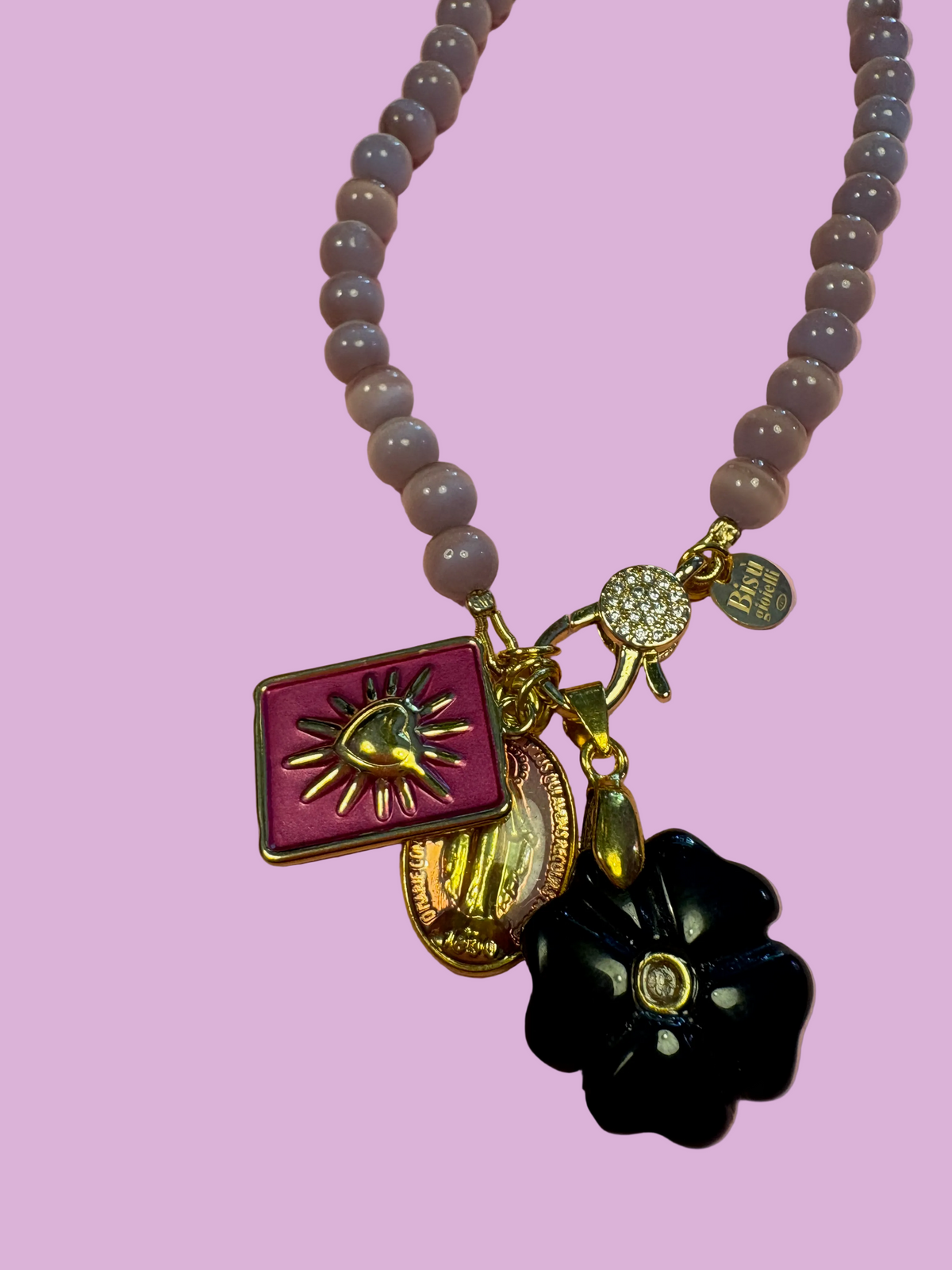 Collana TALISMANI - occhi di gatto mauve   mm 6 - chiusura gioiello - cm 60 - charms