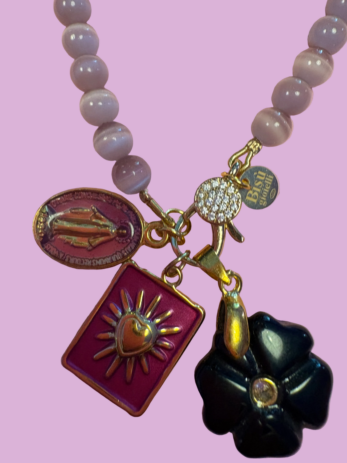 Collana TALISMANI - occhi di gatto mauve   mm 6 - chiusura gioiello - cm 60 - charms