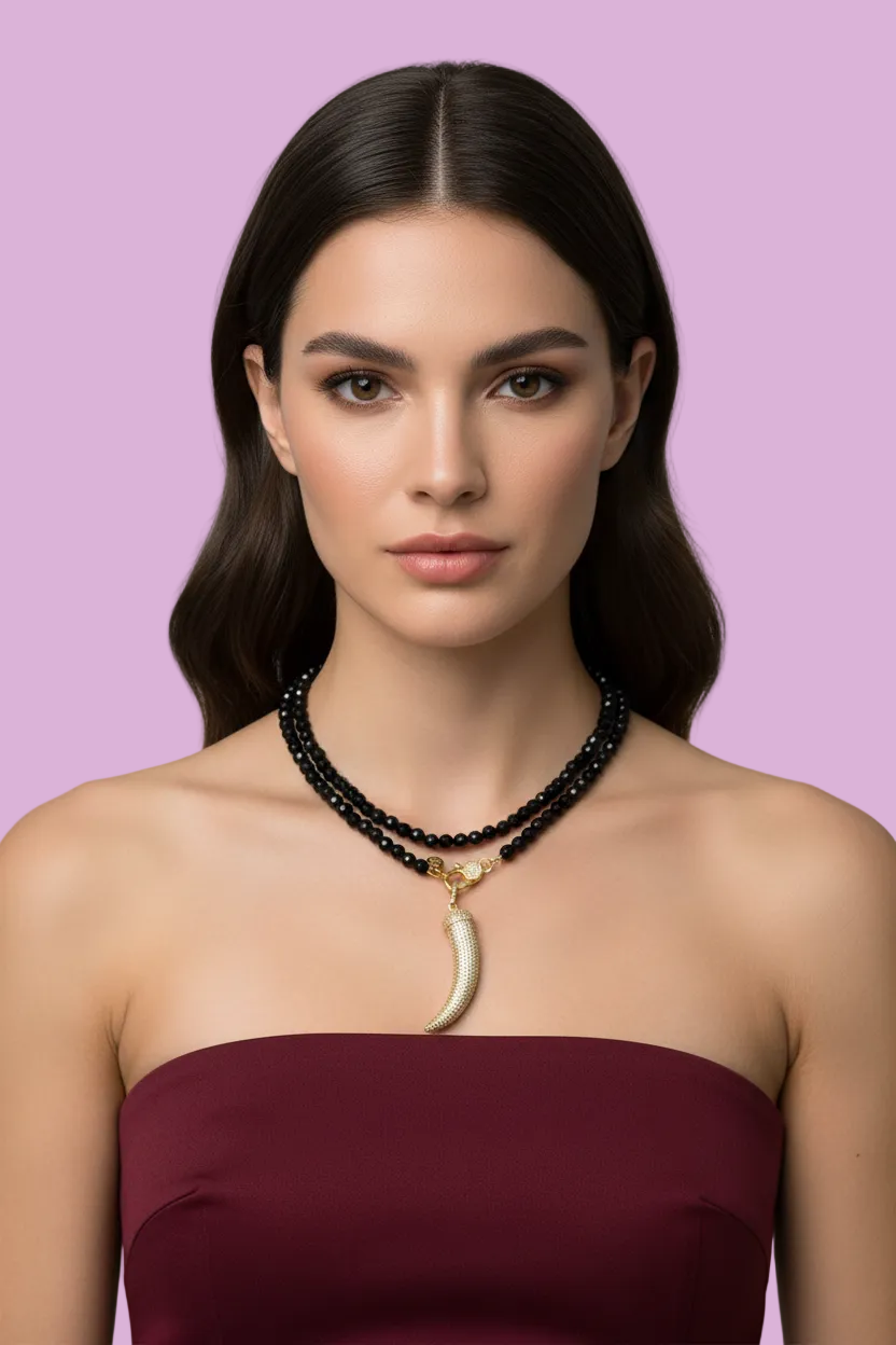 Collana TALISMANI - ONICE  mm 6 - chiusura gioiello argento 925- cm 85- charms Corno