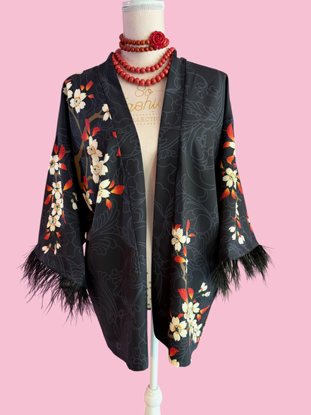 flower Kimono  - giacchina Kimono con piume struzzo