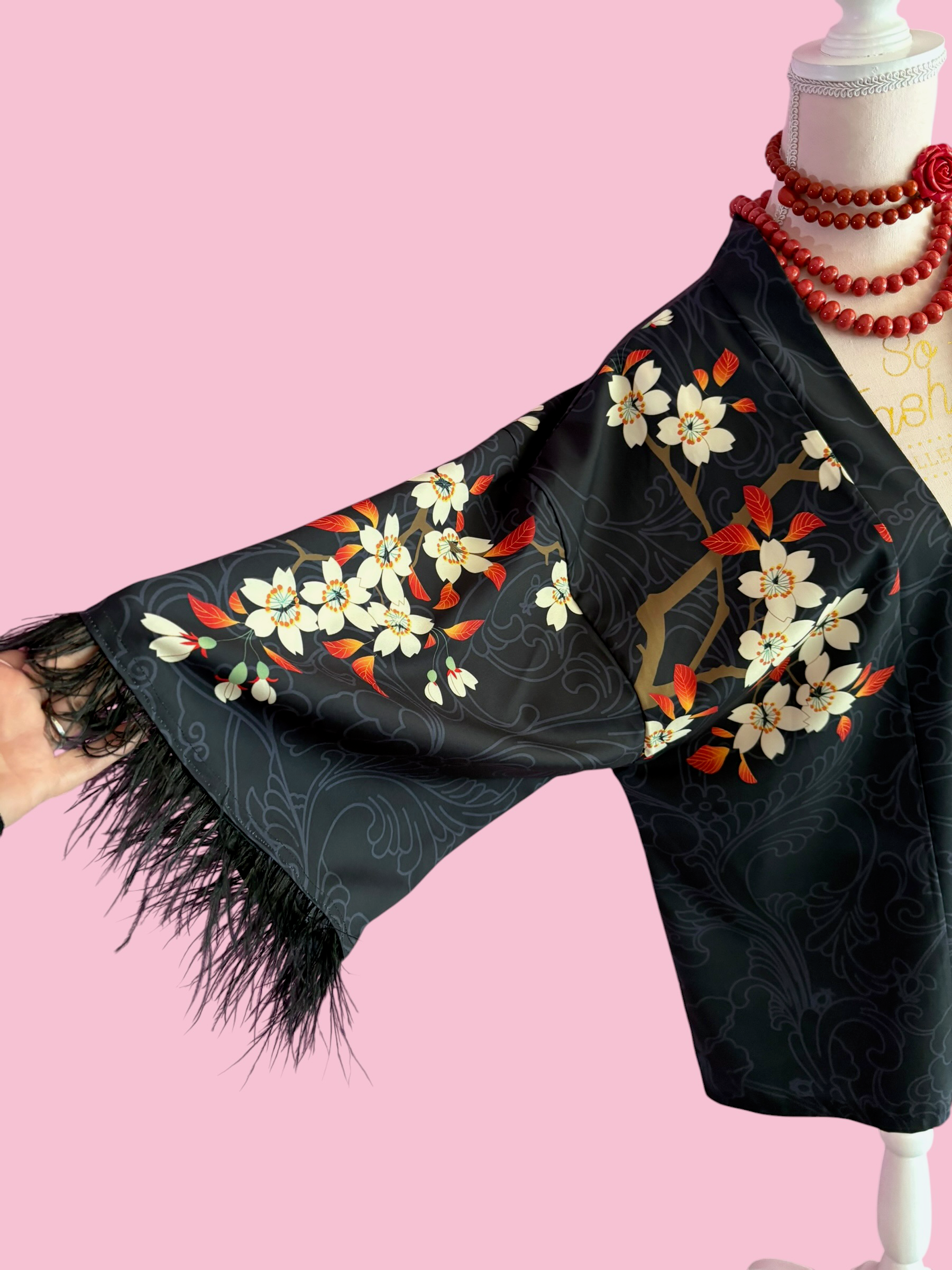 flower Kimono  - giacchina Kimono con piume struzzo