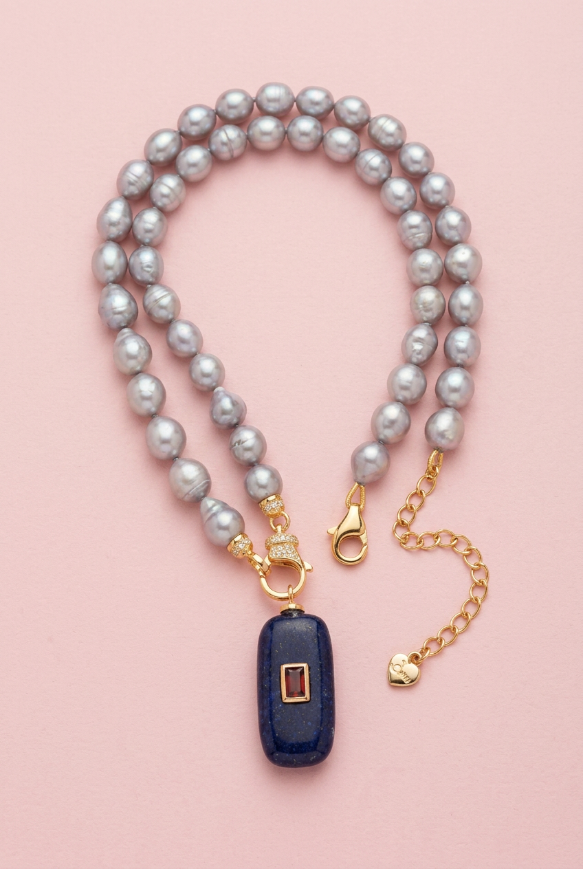 Collana JAIPUR - Perle coltivate grey barocche con pendente lapislazzuli