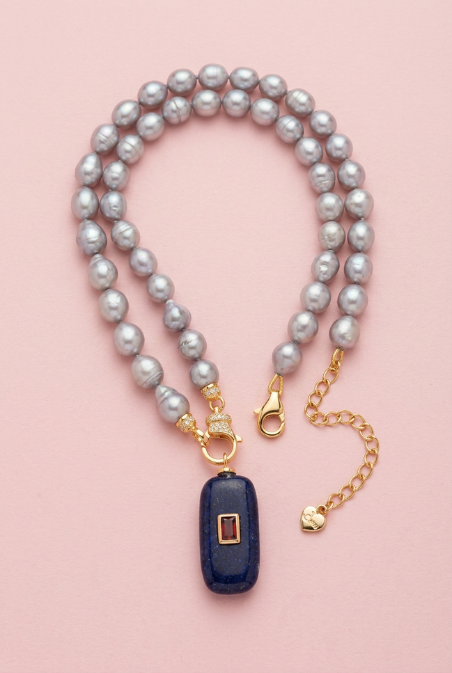 Collana JAIPUR - Perle coltivate grey barocche con pendente lapislazzuli