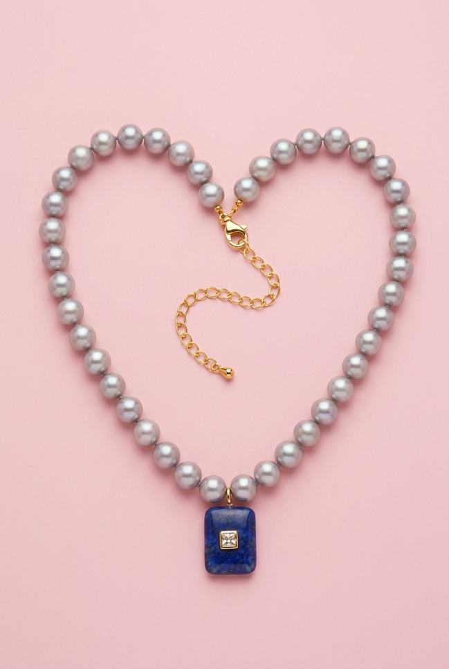 Collana JAIPUR - Perle coltivate grey semiround con pendente lapislazzuli