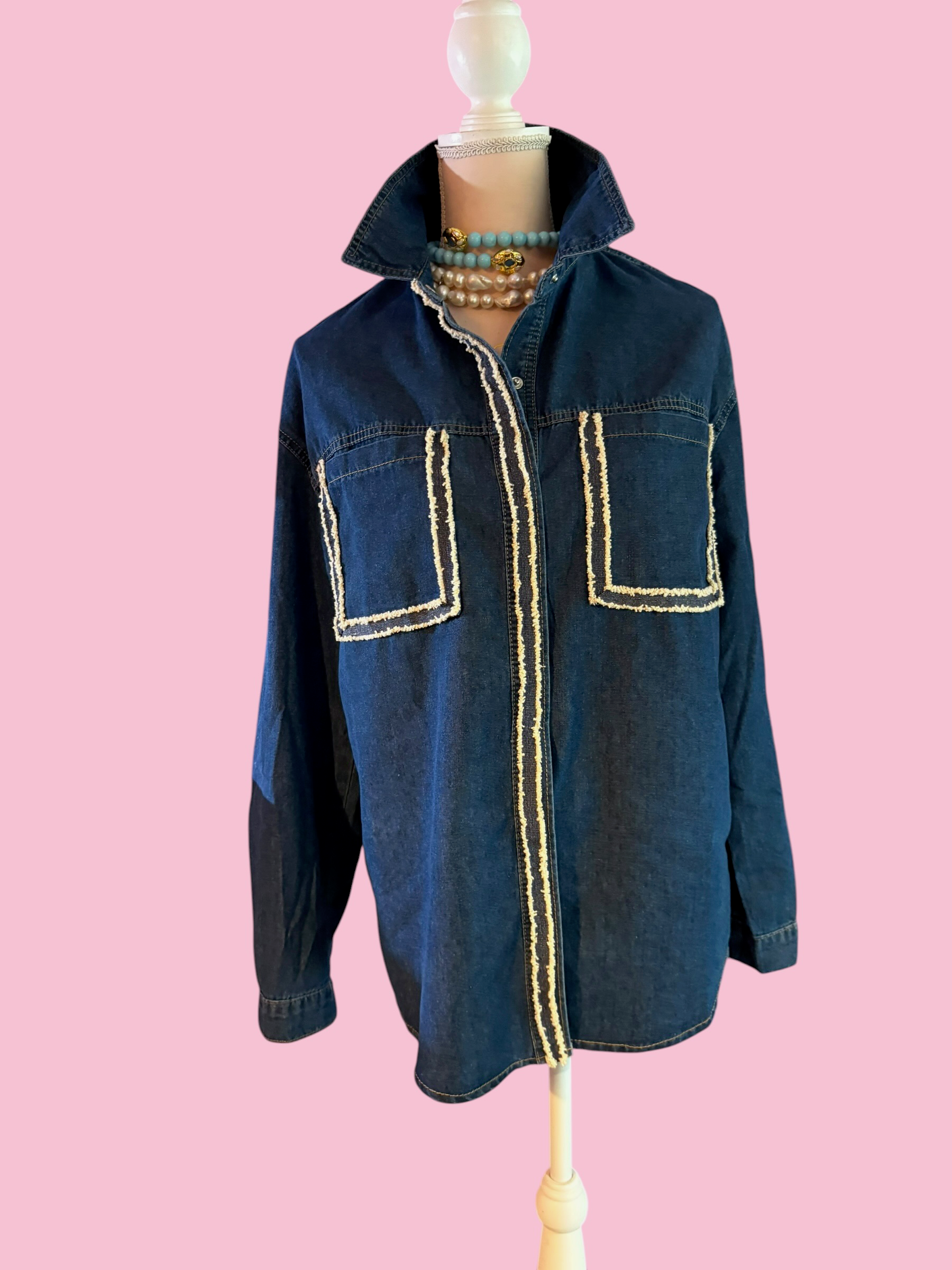 Camicia denim- Chanellina camicia 100% cotone con passamaneria Couture