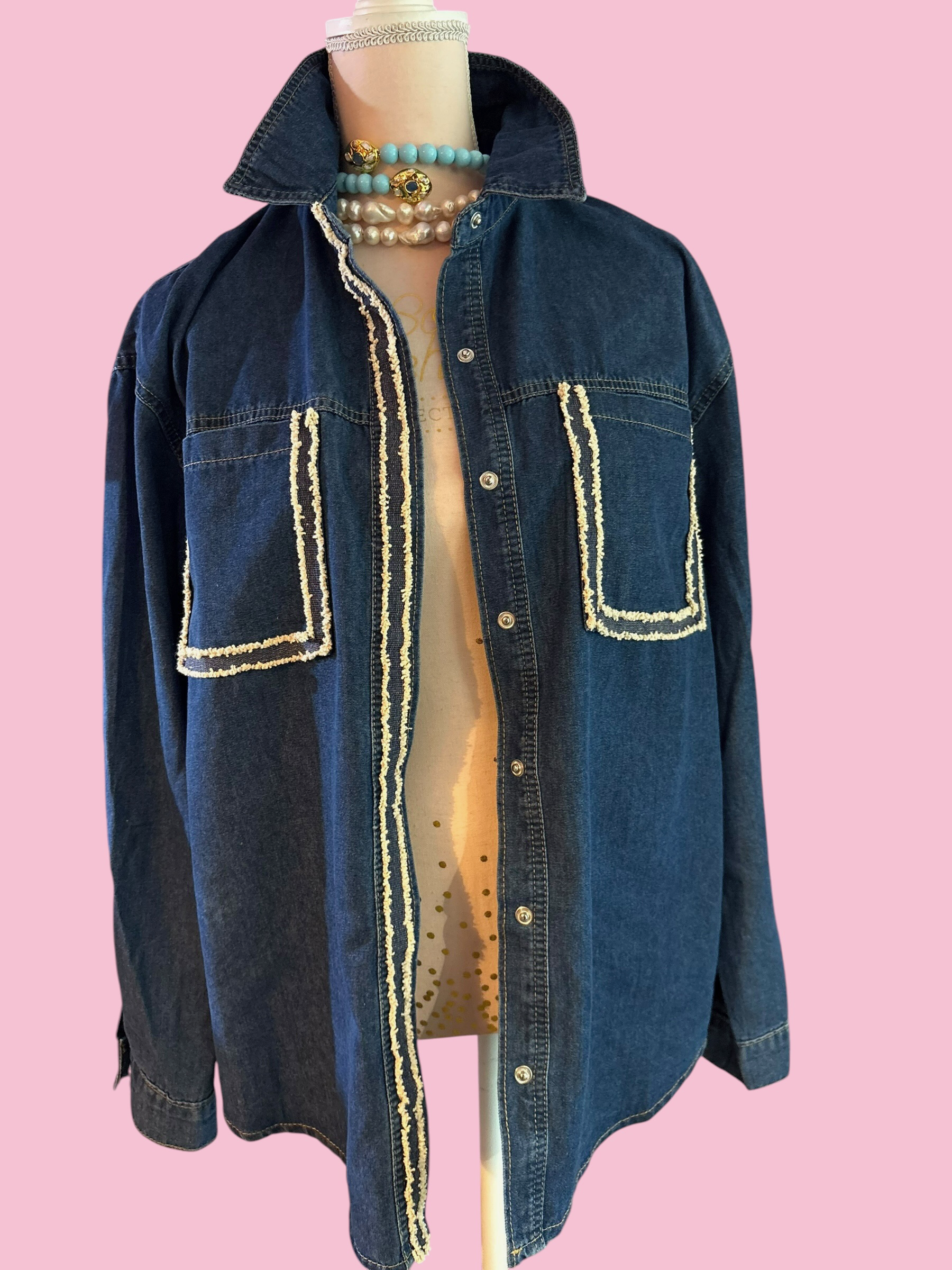 Camicia denim- Chanellina camicia 100% cotone con passamaneria Couture