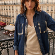 Camicia denim- Chanellina camicia 100% cotone con passamaneria Couture