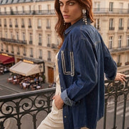 Camicia denim- Chanellina camicia 100% cotone con passamaneria Couture
