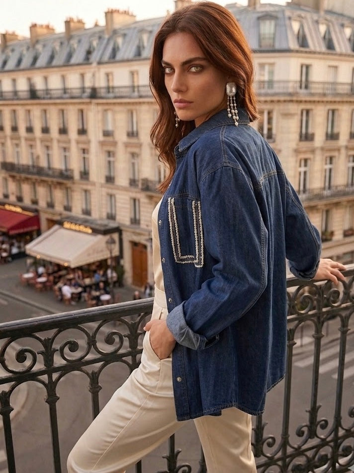 Camicia denim- Chanellina camicia 100% cotone con passamaneria Couture