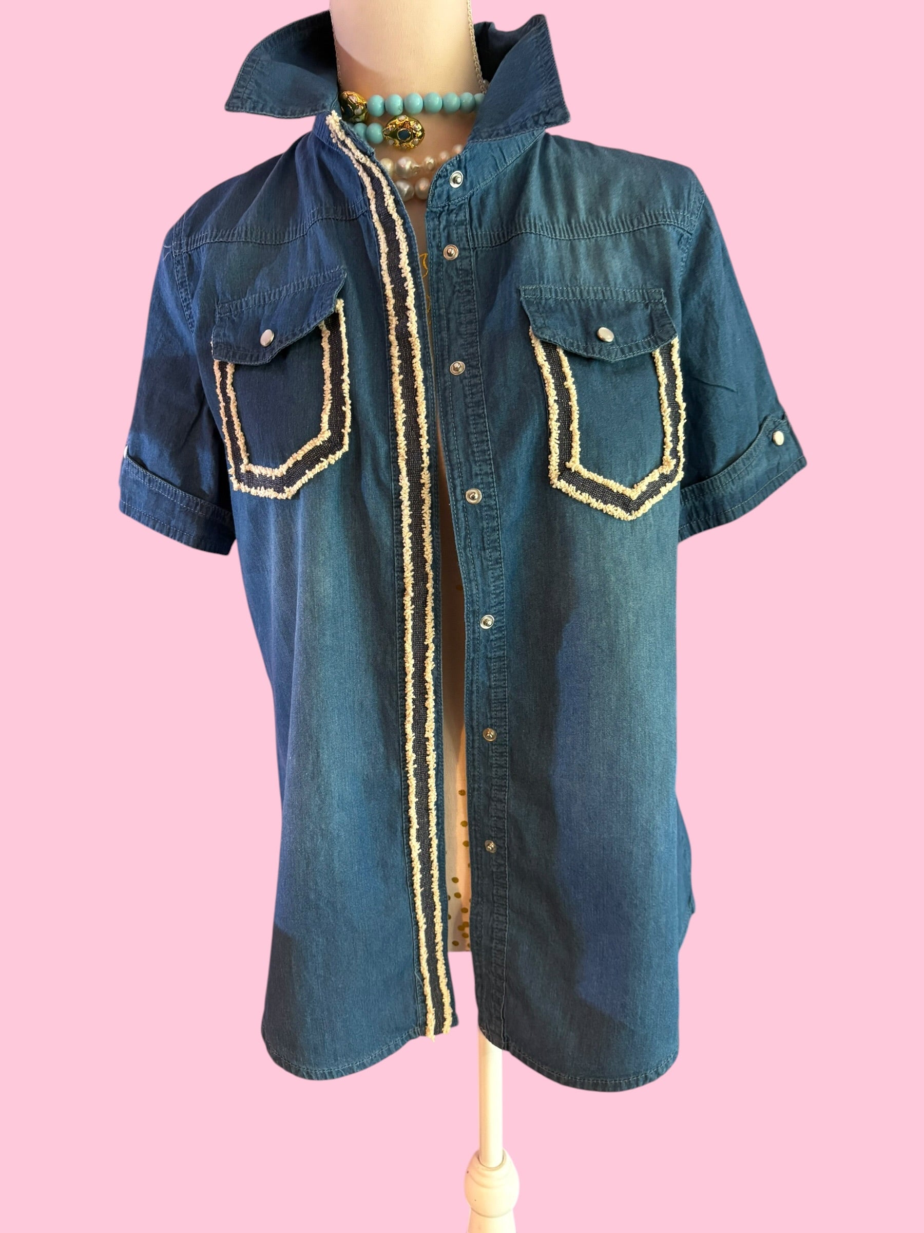 Camicia denim- Chanellina camicia 100% cotone manica corta con passamaneria Couture