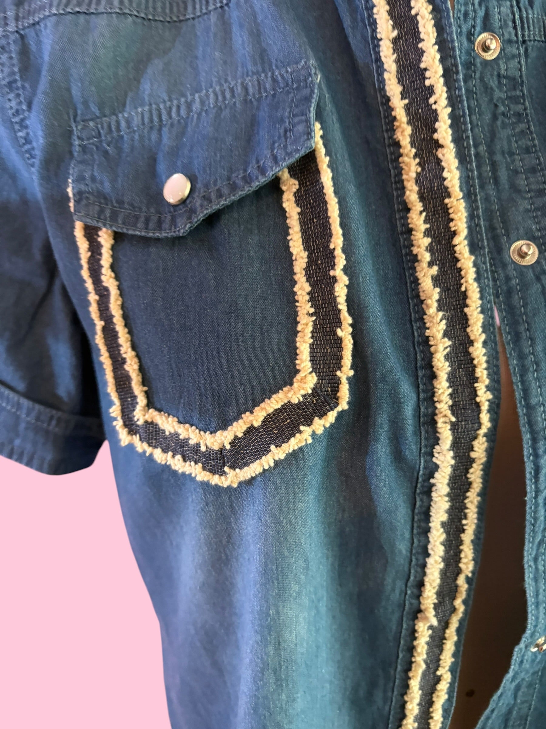 Camicia denim- Chanellina camicia 100% cotone manica corta con passamaneria Couture