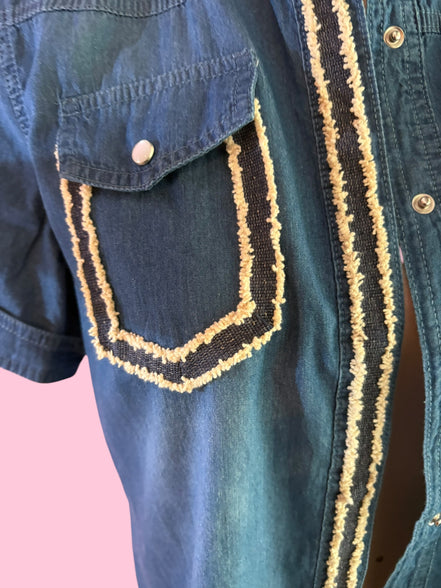 Camicia denim- Chanellina camicia 100% cotone manica corta con passamaneria Couture