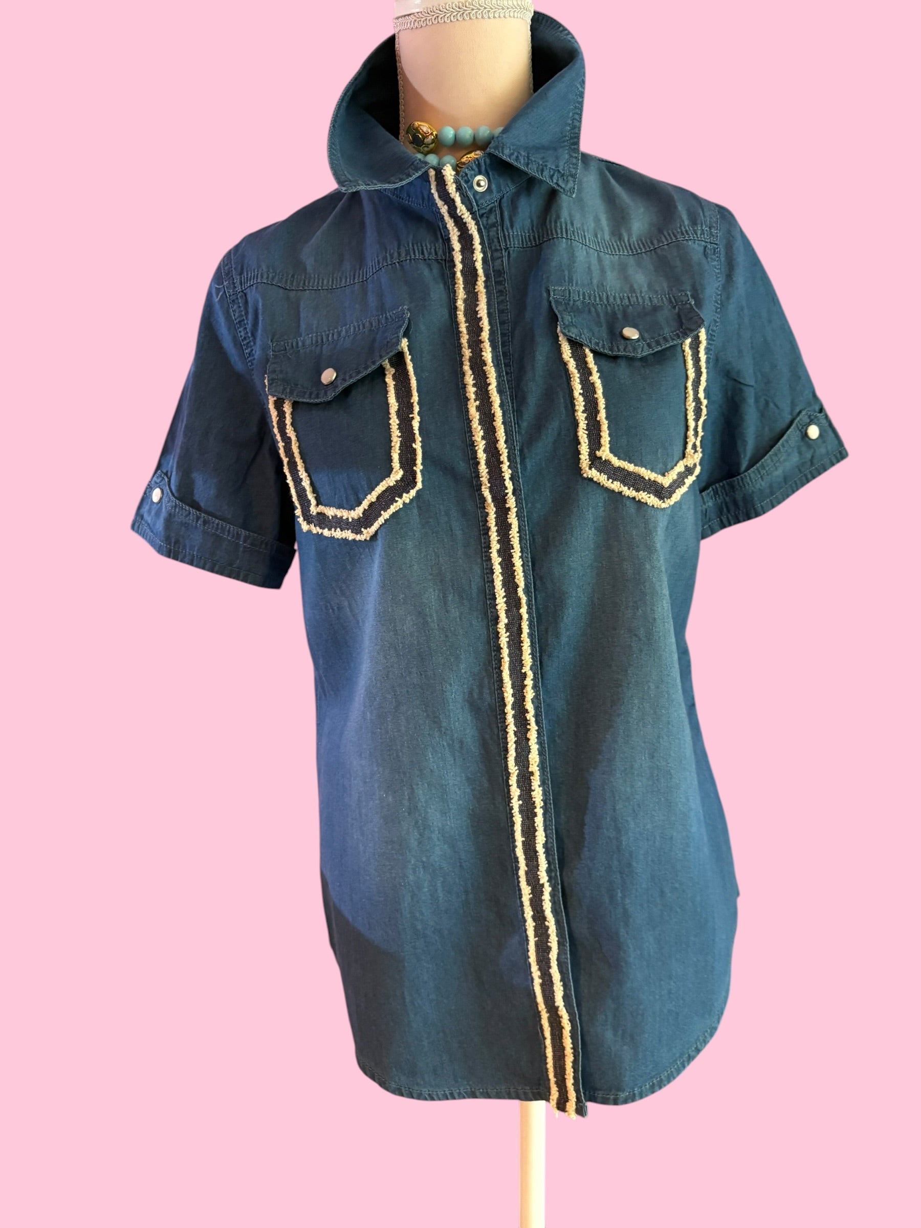 Camicia denim- Chanellina camicia 100% cotone manica corta con passamaneria Couture